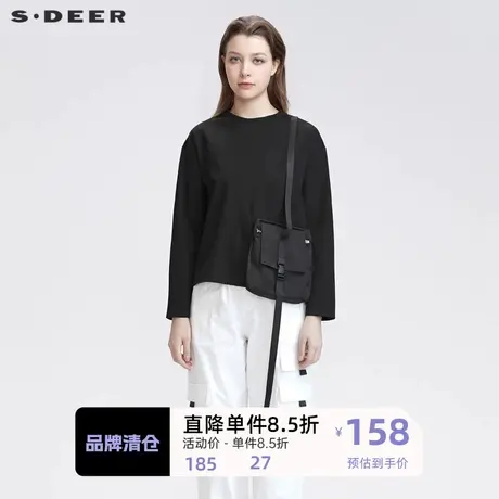 sdeer圣迪奥女装时尚圆领拼接口袋黑色长袖T恤S22180201图片