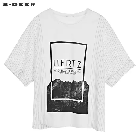 sdeer圣迪奥2019夏装新款圆领条纹拼接卷边撞色短袖T恤S19280163商品大图