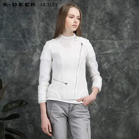 【清仓】sdeer圣迪奥纯色短款白色修身立领外套上衣S16182284商品大图