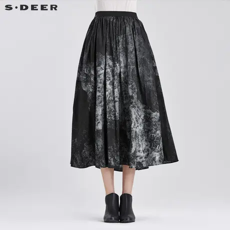 【买3免1】sdeer圣迪奥文艺粗粝视觉印花半身长裙S16381119商品大图