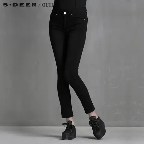 sdeer圣迪奥女装质感弹力纯黑斜纹牛仔长裤S15280888图片
