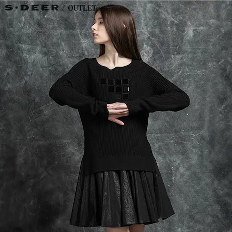 sdeer圣迪奥女装2017秋装黑色两件套加厚毛衣针织连衣裙S15383598图片