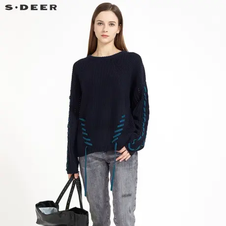 sdeer圣迪奥春装新款个性拼接绑带罗纹镂空长袖毛衣S21163510图片