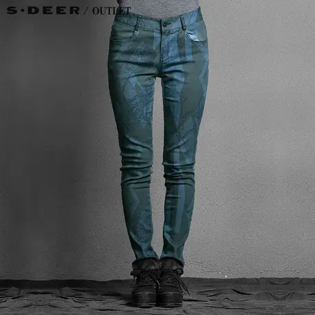 【上新】sdeer圣迪奥迷离蓝黑印花修身牛仔长裤S15380806图片