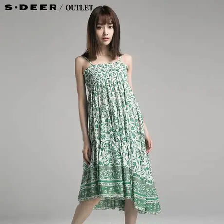 【新品】sdeer圣迪奥专柜正品女装绿色树叶图案吊带连衣裙2681224图片