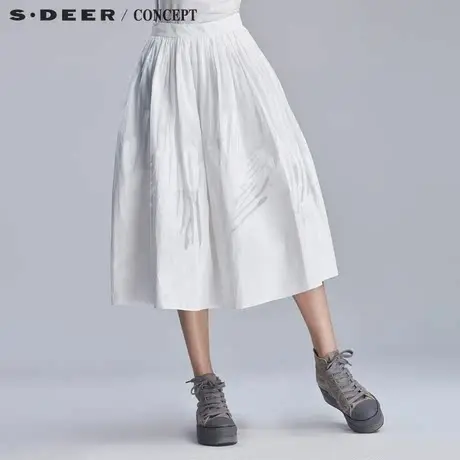 sdeer圣迪奥2018夏季女装愫白异域纯色印花半身长裙S16281191图片