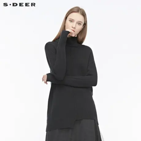 sdeer圣迪奥新款时尚休闲不规则摆开衩袖口高领毛衣S194835H5图片