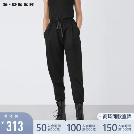 sdeer圣迪奥2021冬装新品时尚松紧抽绳插袋宽松黑色长裤S21480826图片