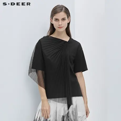 【直播间专属】S·DEER圣迪奥女装网纱拼接短袖T恤S21280197商品大图