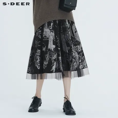 sdeer圣迪奥女装个性复古网纱拼接撞色印花黑色长裙S20461110图片