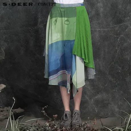 sdeer圣迪奥2018秋女装鲜绿色调现代个性印花半身裙S16181170图片