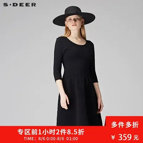 sdeer圣迪奥女秋季纯黑高腰分割细褶圆领连衣裙S17383539图片