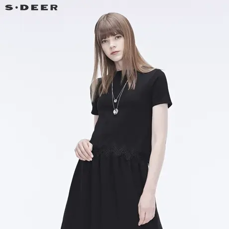 sdeer 圣迪奥  优雅时尚圆领蕾丝拼接纯色短袖针织S19263506图片