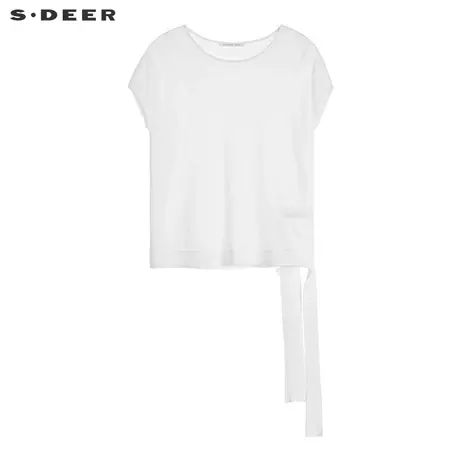 sdeer圣迪奥朴素休闲圆领开衩飘带纯白蝙蝠袖T恤S19263502商品大图