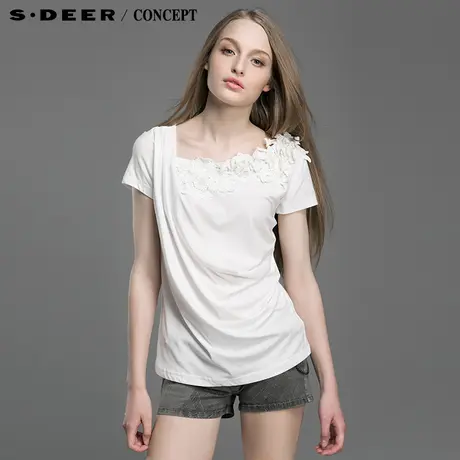 【活动】sdeer圣迪奥女装夏装素雅立体花拼叠短袖T恤S14280154图片