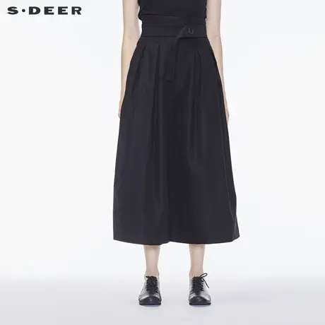 sdeer圣迪奥2019秋装新款设计感收褶个性腰带阔腿长裤女S18360880商品大图