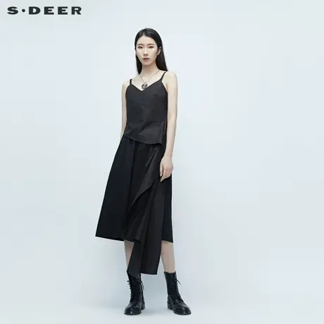sdeer圣迪奥女装夏季设计感小众不规则拼接纯黑吊带背心S20281514商品大图