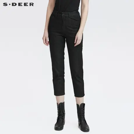 sdeer圣迪奥2022春季新款时尚插袋拼接黑色牛仔九分裤女S22180816图片