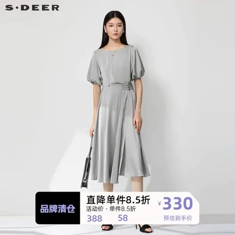 sdeer圣迪奥女装圆领新中式收腰泡泡袖连衣裙S232Z12Q8商品大图