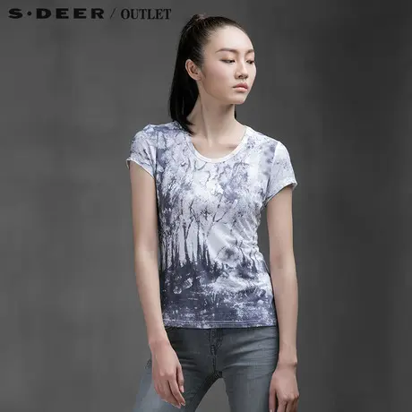 sdeer圣迪奥女装艺术风味自然印花短袖T恤S15280128商品大图