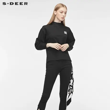 sdeer圣迪奥时尚个性圆领撞色字母不规则摆长袖上衣S19380209图片