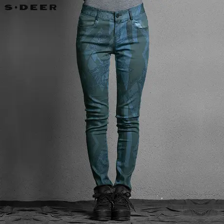 【买3免1】sdeer圣迪奥迷离蓝黑印花修身牛仔长裤S15380806图片