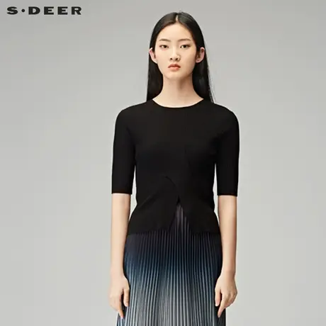 sdeer圣迪奥2018夏女装酷黑设计感圆领套头中袖针织衫S18183519图片