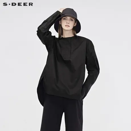 sdeer圣迪奥2019春装新款女圆领抽褶弧形下摆落肩袖衬衫S19180536商品大图