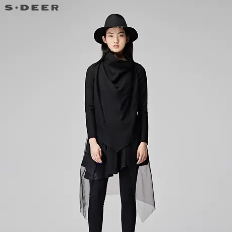 sdeer圣迪奥女冬装优雅设计感垂褶荡领网纱拼接上衣S15481763图片