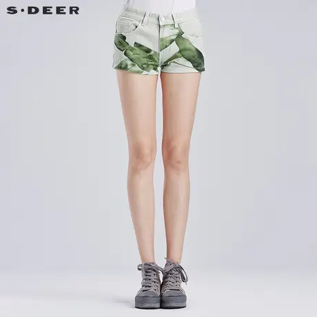 sdeer圣迪奥女装清新抽象绿调印染牛仔短裤S16280931商品大图
