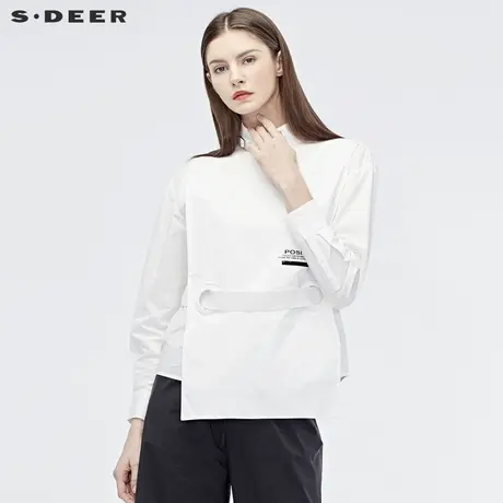 sdeer圣迪奥2019秋装新款女装立领抽带字母纯白衬衫S19180546图片