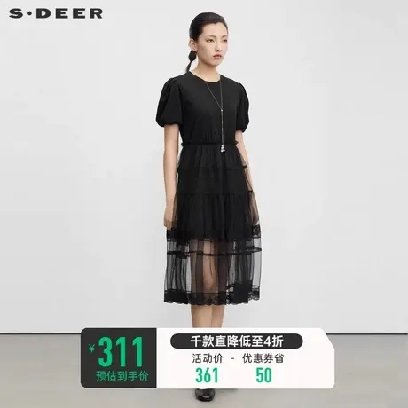 sdeer圣迪奥连衣裙2023女新款黑色网纱蕾丝泡泡袖连衣裙S23261204商品大图