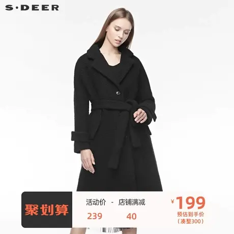 sdeer圣迪奥女新款时尚平驳领单排扣插袋收腰纯黑大衣S19481834商品大图
