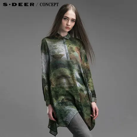 sdeer圣迪奥专柜正品2015新款春女装绿沁印象长款雪纺衬衫5180574图片
