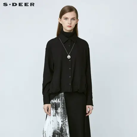 sdeer圣迪奥女装高领针织拼接落肩袖短款黑色衬衫S21480523图片