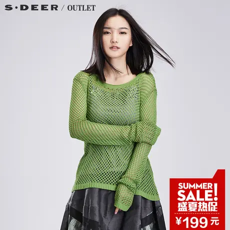 sdeer圣迪奥女装秋装优雅宽松镂空绿色圆领针织休闲毛衣S16183584图片