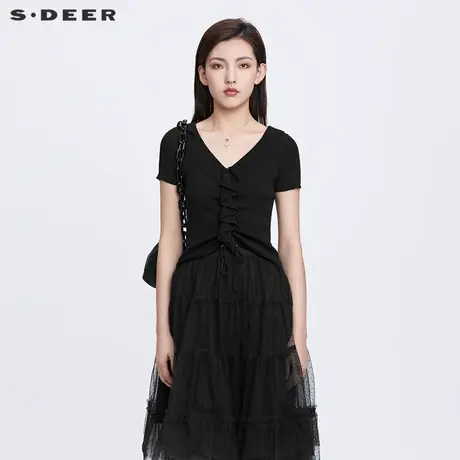 sdeer圣迪奥女装优雅V领抽褶堆叠修身黑色针织衫S22283509图片