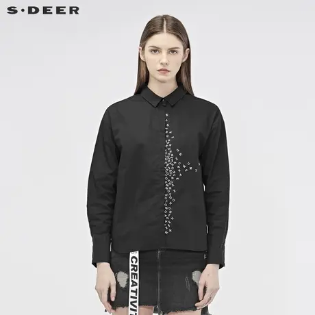 sdeer圣迪奥2019秋装新款翻领撞色字母弧形下摆纯黑衬衫S19180517商品大图