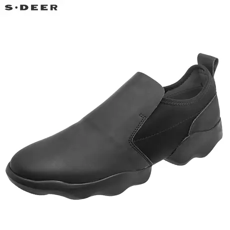 sdeer圣迪奥女装pu设计休闲圆头舒适橡胶底黑色拼接女鞋S18183956图片