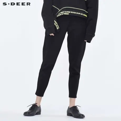 sdeer圣迪奥女装纯黑简约个性贴袋装饰直筒裤子S18380803商品大图