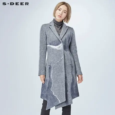 sdeer圣迪奥2018冬装新品抽象印花修身翻领不规则大衣女S16481875📶商品大图