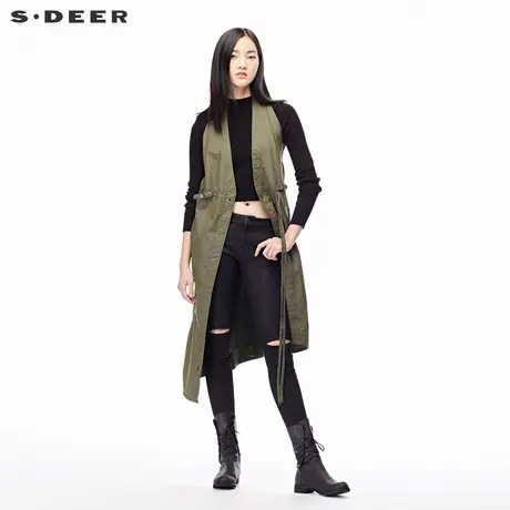 sdeer圣迪奥春装时尚设计感撞色拼接无袖V领系带马甲女S17381650图片