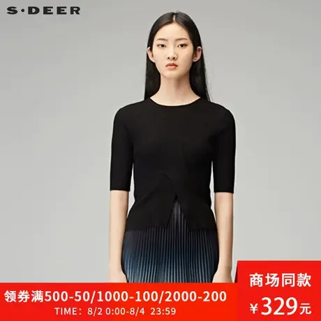 sdeer圣迪奥女装酷黑设计感圆领套头中袖针织衫S18183519图片