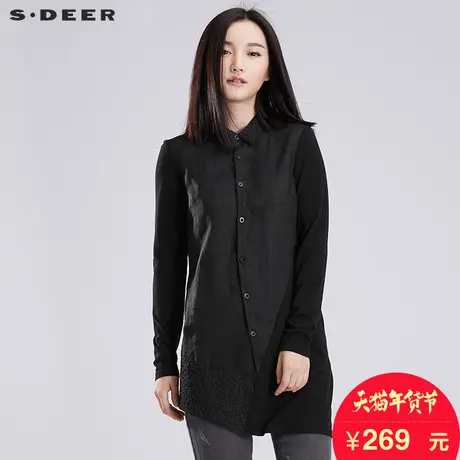 s.deer【商场同款】圣迪奥女装棉麻黑色修身长袖衬衫S14380529图片