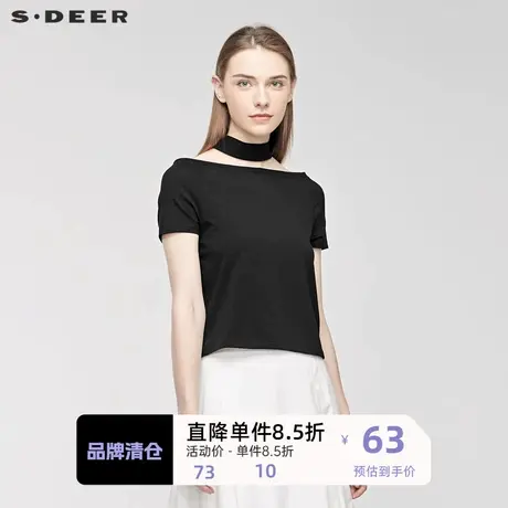 sdeer圣迪奥女2019夏优雅简约创意镂空弧形下摆短袖T恤S19180104图片